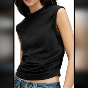 AllSaints Black West Black Crew Neck Organic Cotton Black Ruched Tank Large NWOT